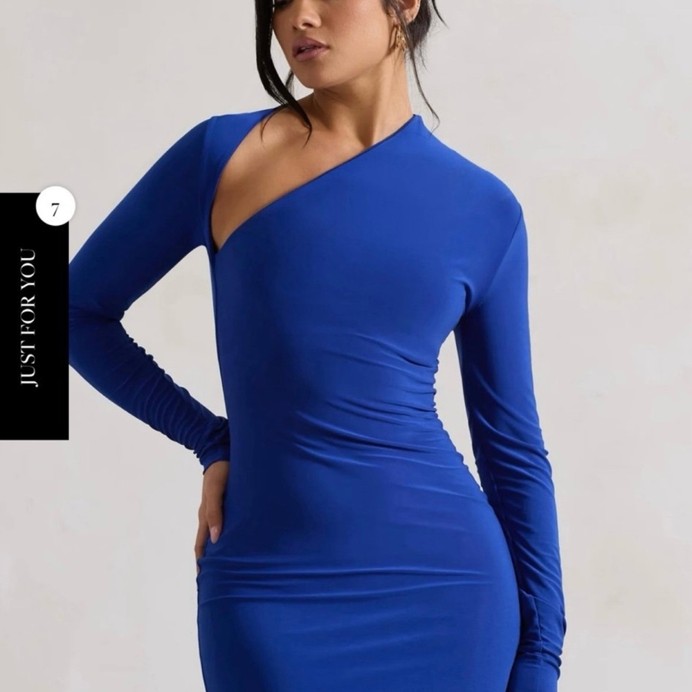 Club L London Blue Asymmetrical Ruched Bodycon Dress